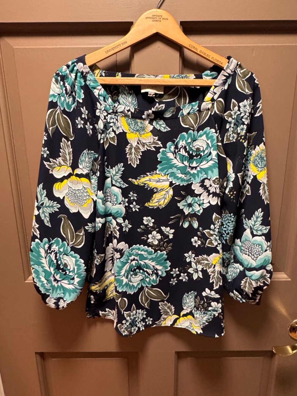 LOFT Navy Teal Floral Long Sleeve Blouse XS